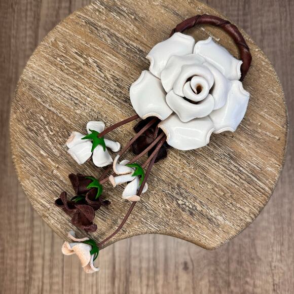 Leather White Rose Purse Charm Genuine Leather Flower Bag Charm NEW FAST SHIP - Picture 6 of 8